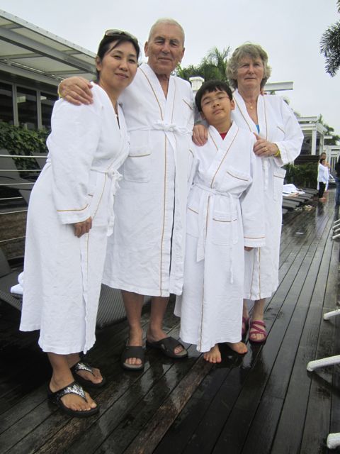 The bathrobe gang - going for a swim on the 57th storey infinity pool